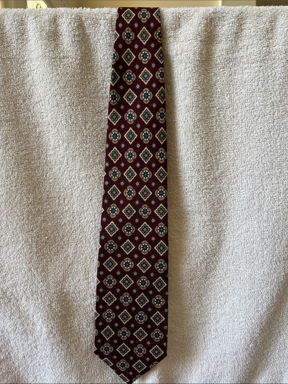 Gitman Brothers Maroon Silk Tie with Blue and Cream Medallions